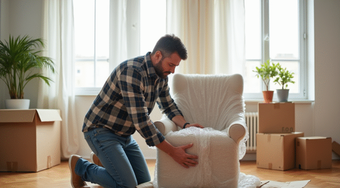 Homme emballant un fauteuil en tissu dans un salon lumineux