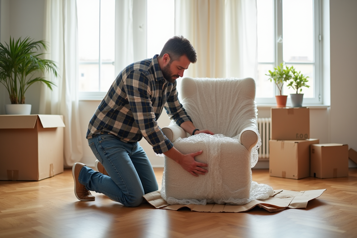 Homme emballant un fauteuil en tissu dans un salon lumineux