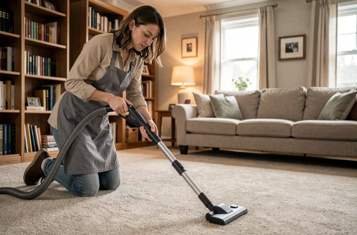 Employée de maison passant l'aspirateur dans un salon avec des meubles modernes
