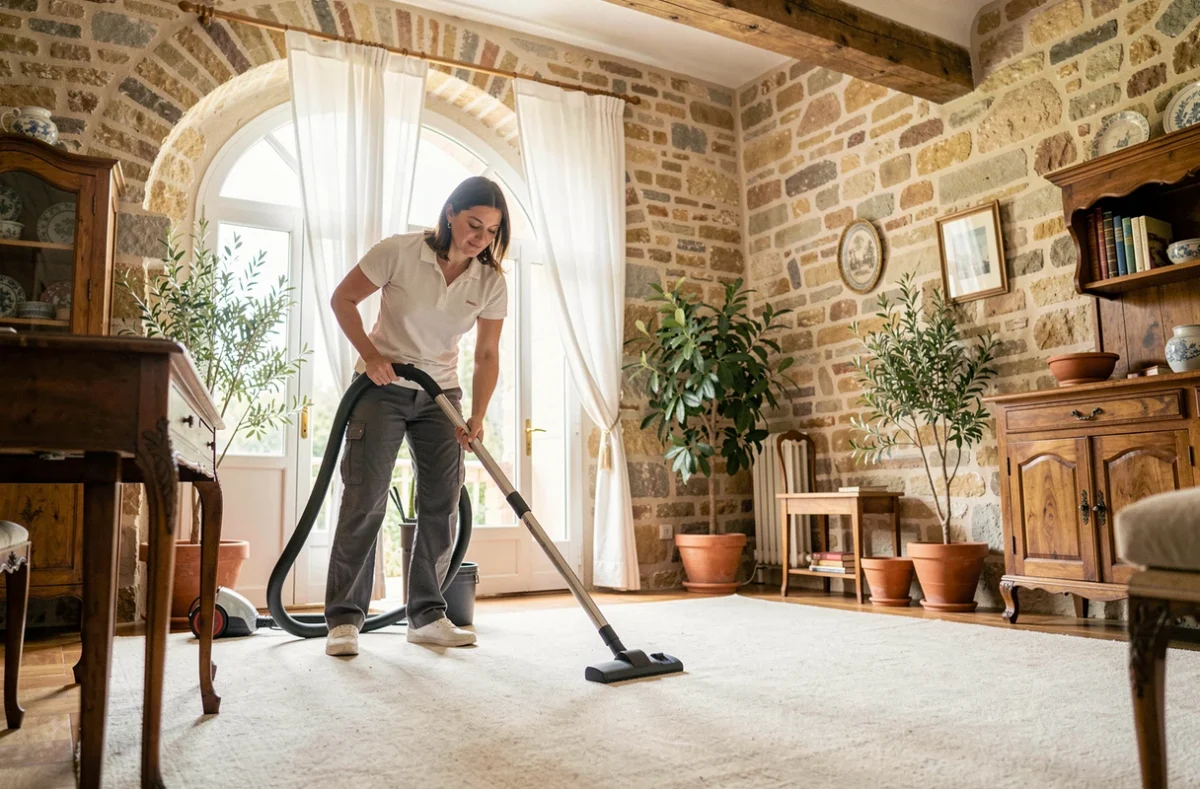 Employée de maison passant l'aspirateur dans un salon de style provençal avec murs en pierre à Aix-en-Provence