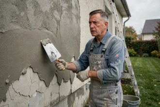 Plâtrier appliquant un enduit sur une façade humide par temps nuageux, avec des défauts visibles comme des cloques et des fissures sur le mur extérieur