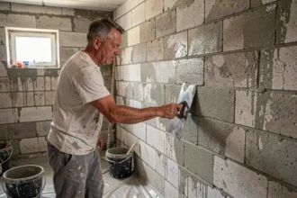 Ouvrier appliquant un enduit hydrofuge sur un mur en parpaing humide dans un sous-sol intérieur
