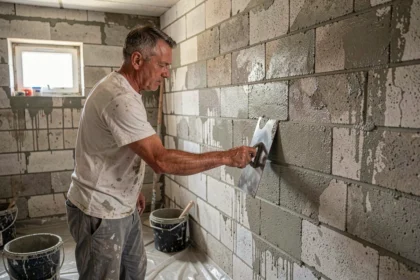 Ouvrier appliquant un enduit hydrofuge sur un mur en parpaing humide dans un sous-sol intérieur