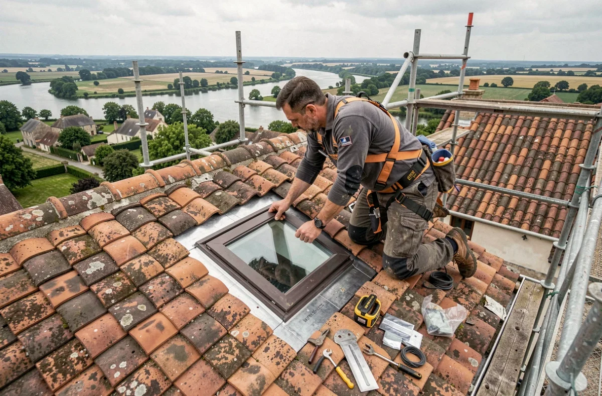 Couvreur d'Energies Toitures installant une fenêtre de toit pour une salle de bain dans la Loire