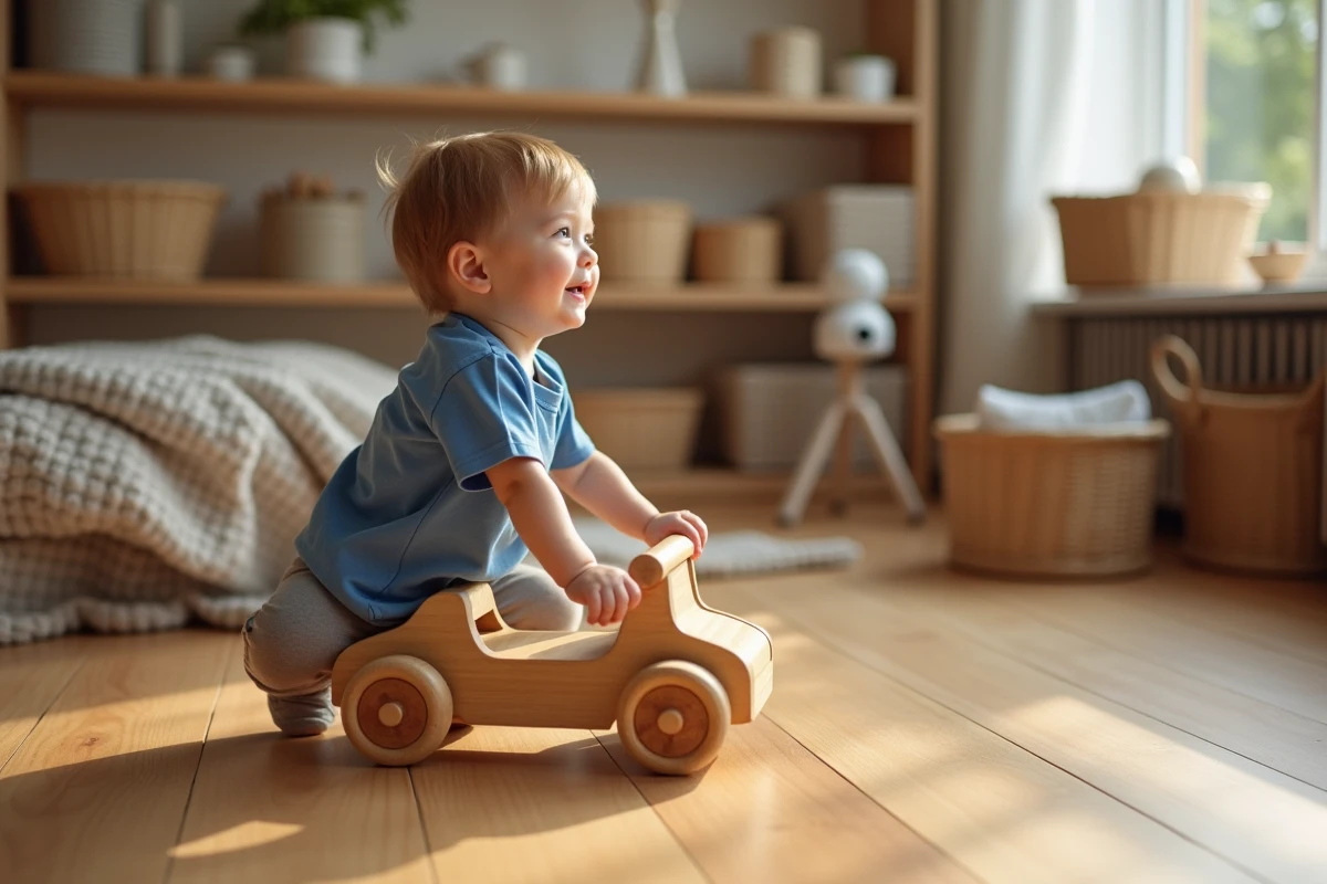 Enfant jouant avec une voiture en bois huilée dans la salle de jeux