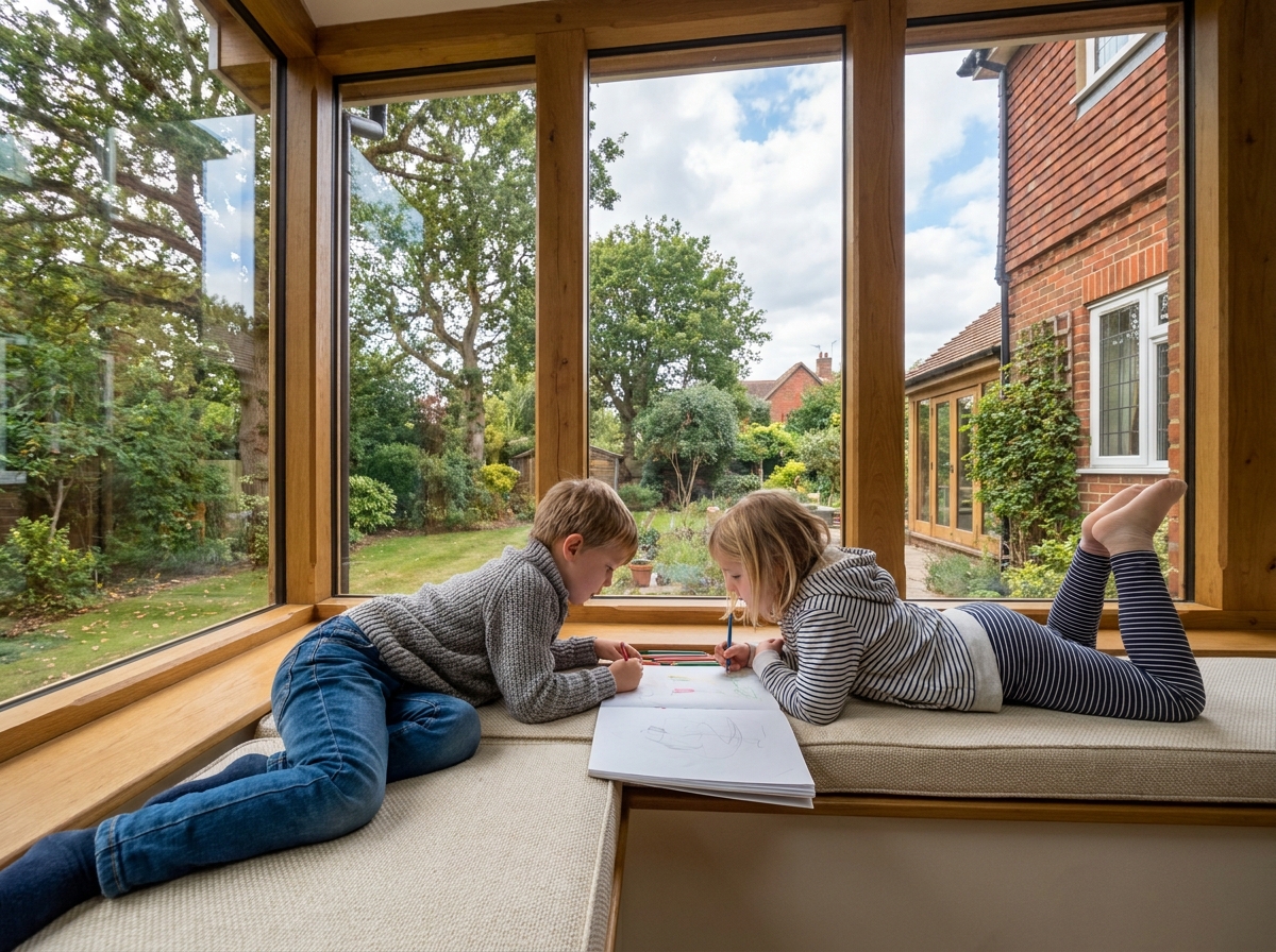 Enfants dessinant dans une extension en bois lumineuse