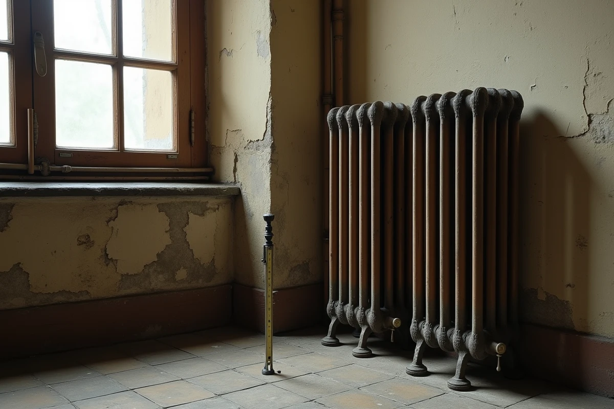 Vue d'ensemble de deux radiateurs en fonte anciens avec pieds réglables dans un appartement vétuste