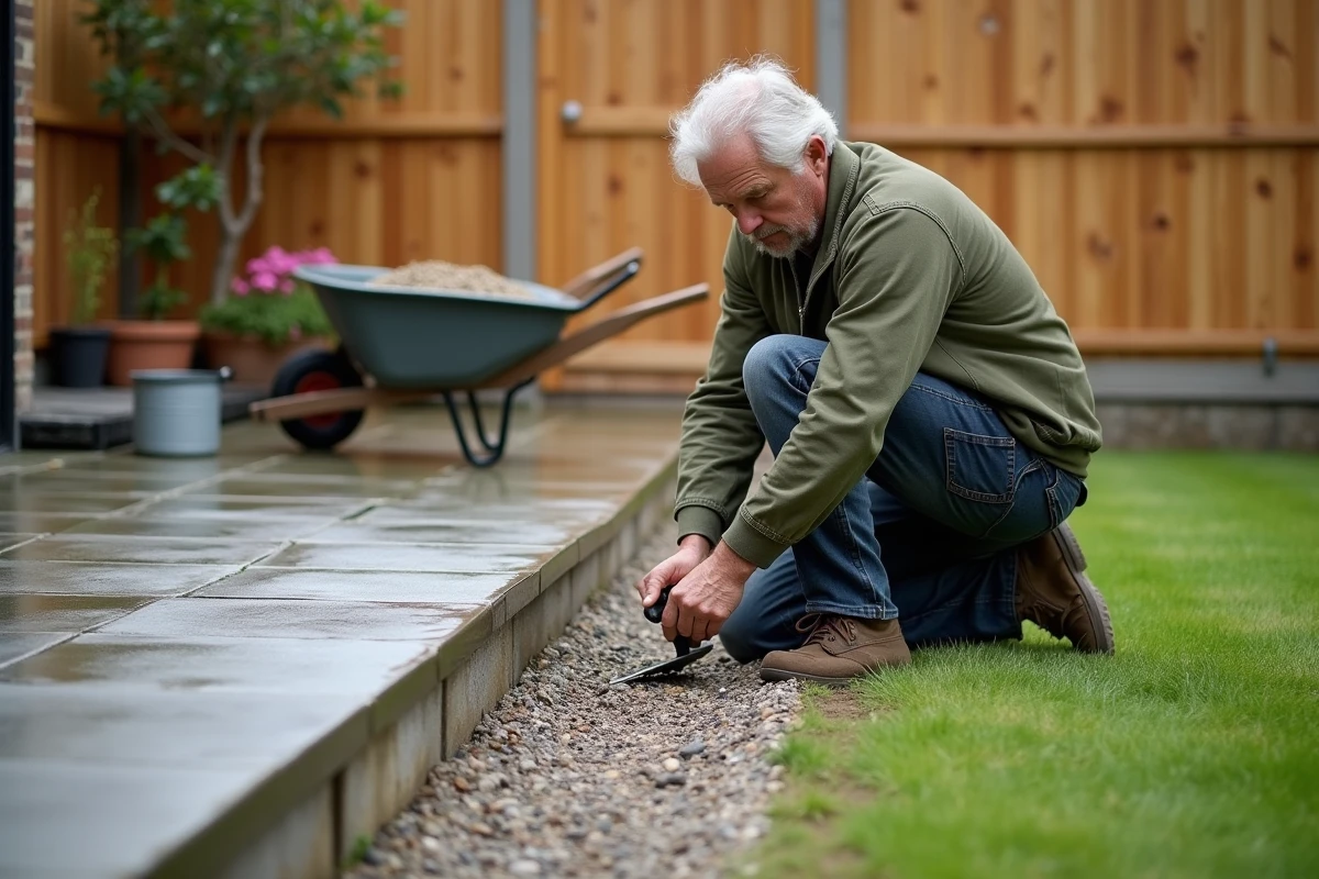 Propriétaire entretenant le drainage d'une terrasse en dalles sur plots béton en nettoyant le gravier de bordure