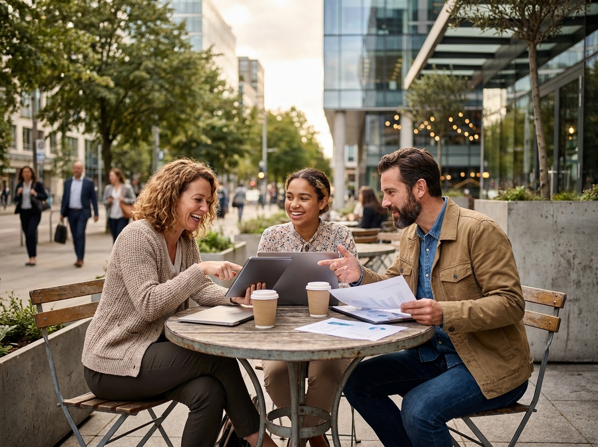 Équipe de professionnels collaborant autour d'une table en terrasse urbaine avec une tablette et des documents
