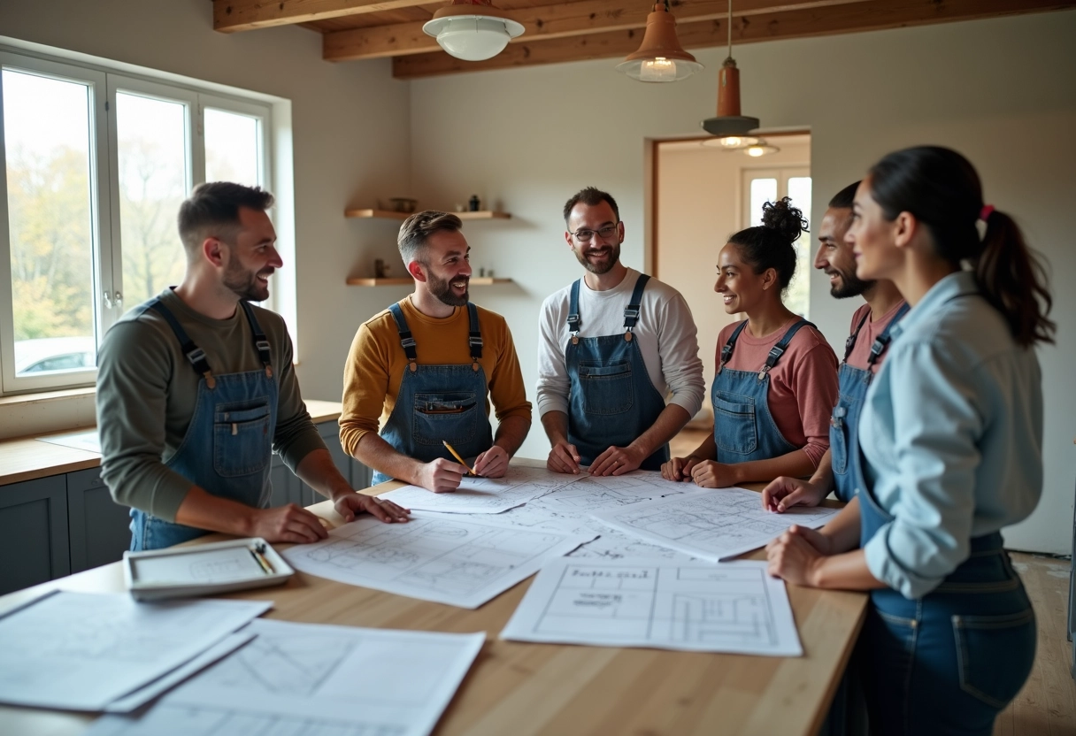 Groupe de professionnels en rénovation discutant dans la cuisine
