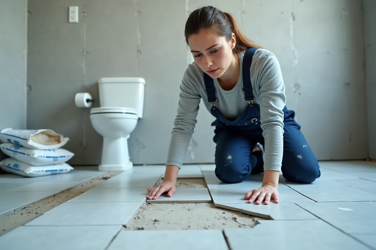 Femme agenouillée constatant une pose de carrelage mal alignée dans une salle de bain en rénovation