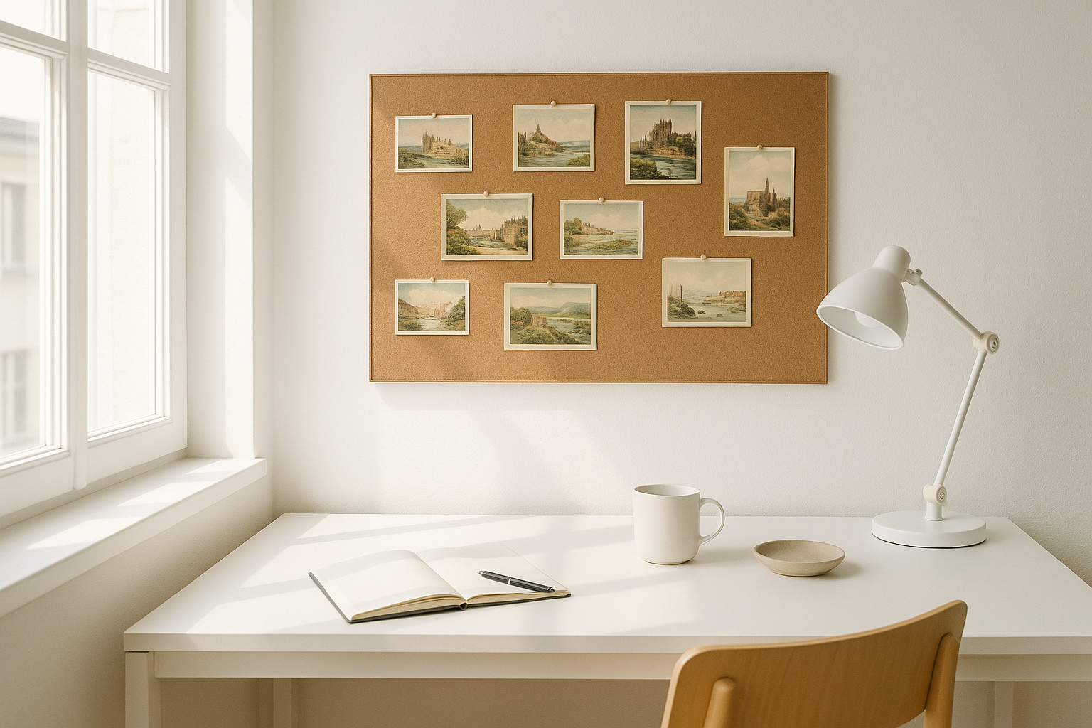 Espace de travail minimaliste avec cartes postales vintage