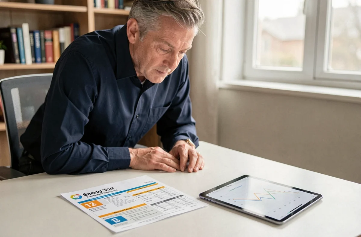 Homme consultant l'étiquette énergie et les données de consommation d'une pompe à chaleur air/air