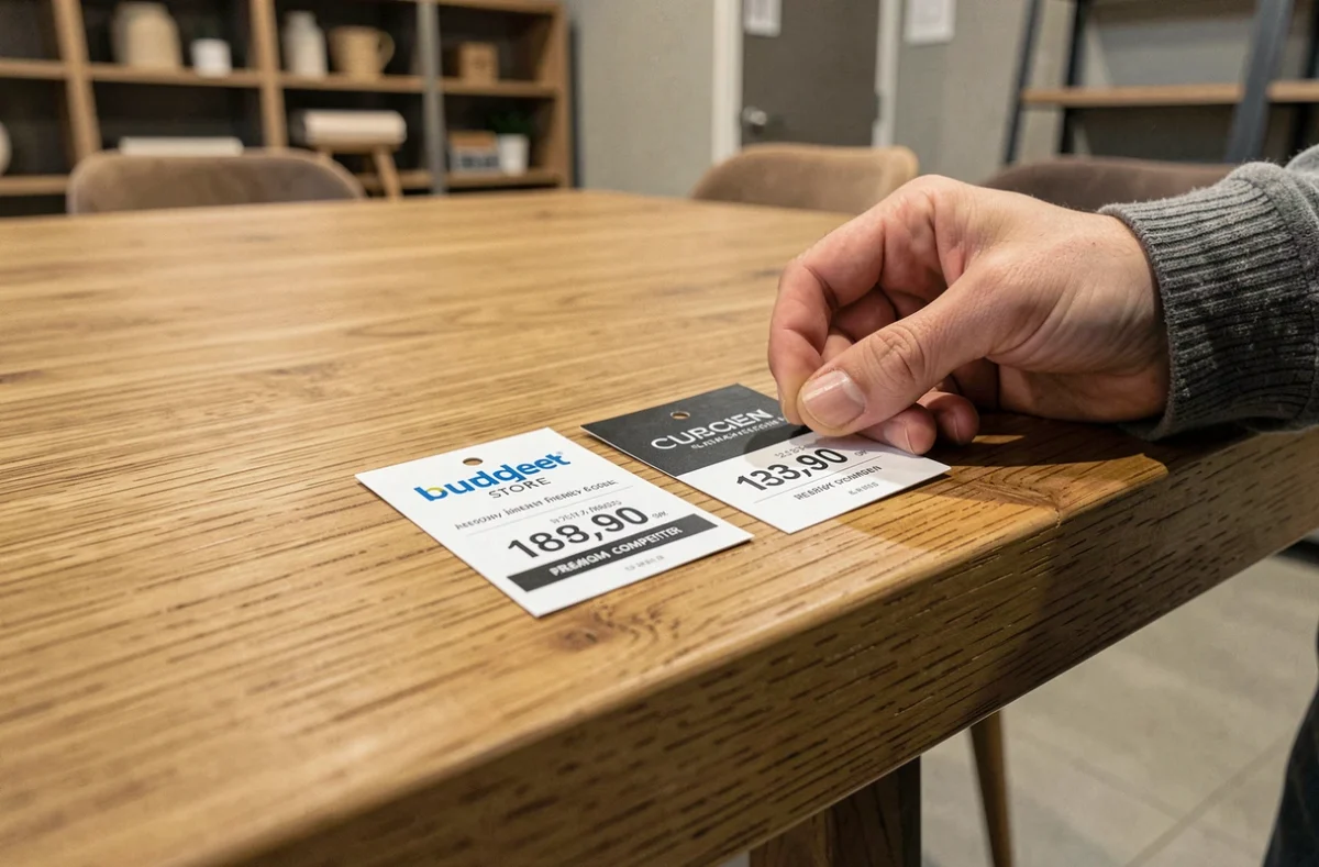 Comparaison d'étiquettes de prix sur une table en bois dans un magasin de meubles pour choisir selon son budget