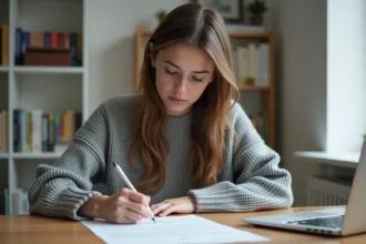Jeune femme étudiante rédigeant une attestation de domicile sur l'honneur à son bureau dans un appartement modeste
