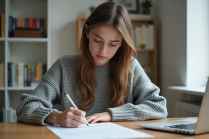 Jeune femme étudiante rédigeant une attestation de domicile sur l'honneur à son bureau dans un appartement modeste