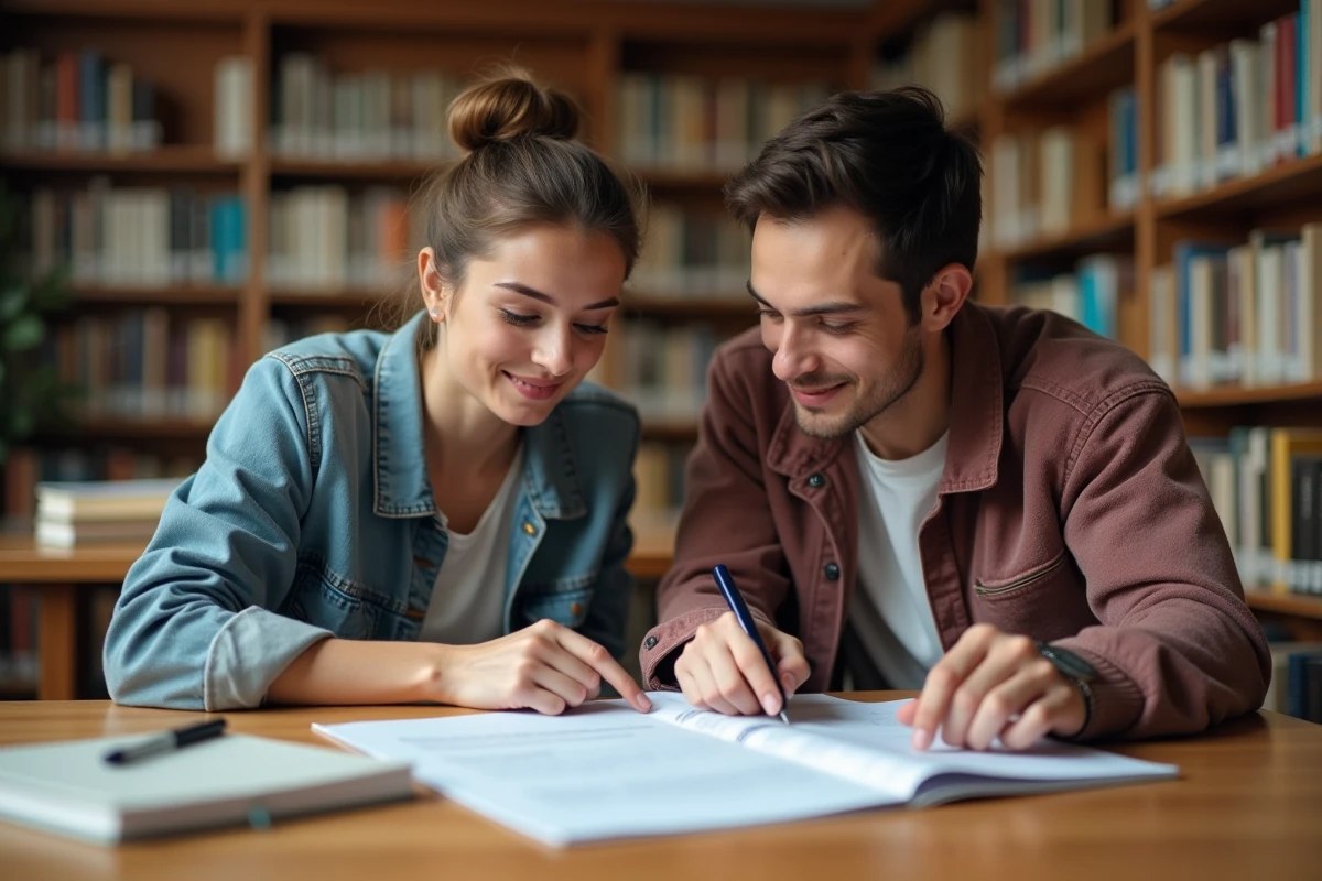 Deux étudiants consultant ensemble un modèle d'attestation de domicile sur l'honneur dans une bibliothèque universitaire