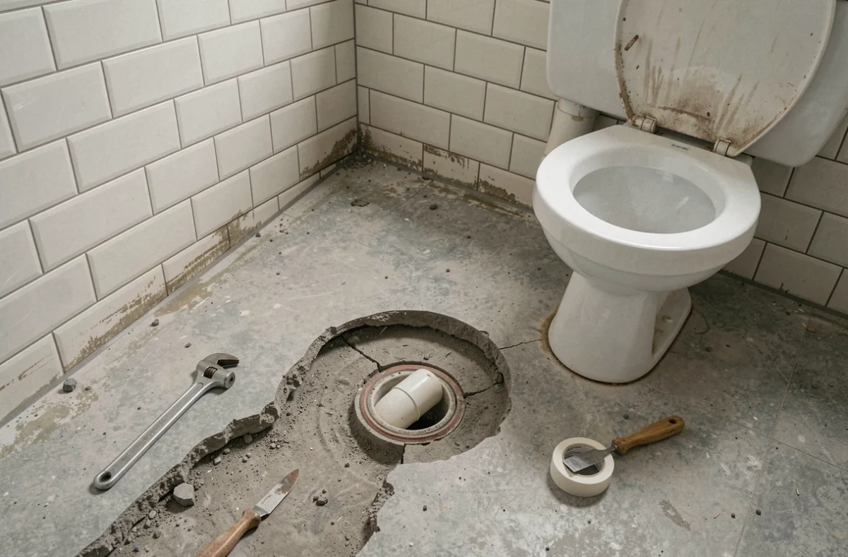 Sol de salle de bain partiellement démonté révélant une évacuation de WC mal installée avec joint déplacé et bride de sol désaxée