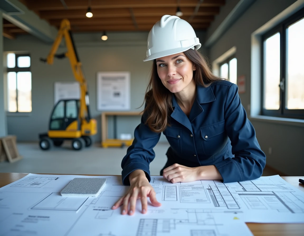 Experte en bâtiment analysant des documents réglementaires sur la mousse expansive interdite dans un bureau de chantier