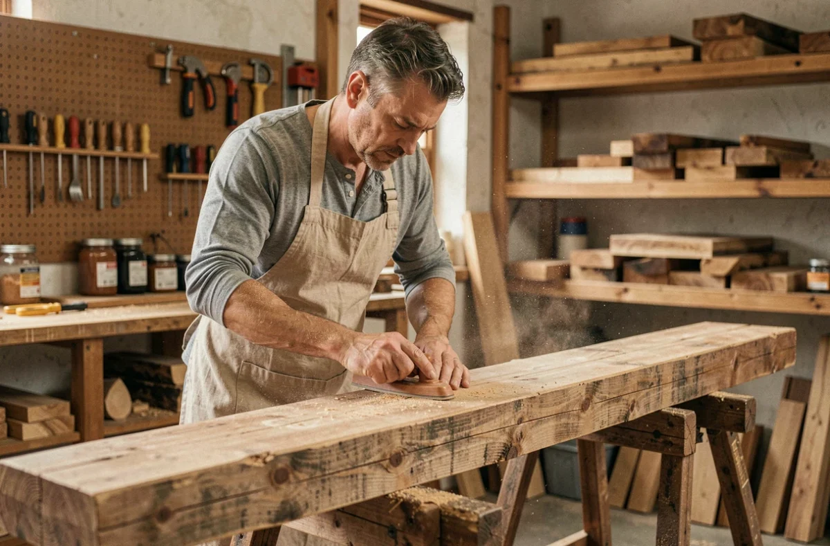 Artisan ponçant une traverse de chemin de fer récupérée dans un atelier de menuiserie pour en faire un banc design