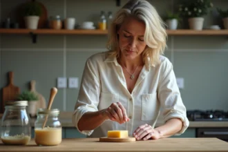 Femme versant du savon fondu dans des moules en silicone