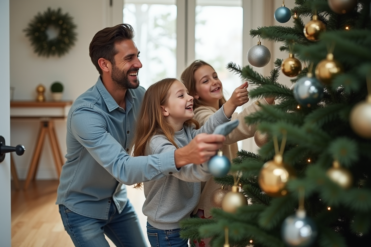 Famille accrochant des ornaments sur le sapin de Noël
