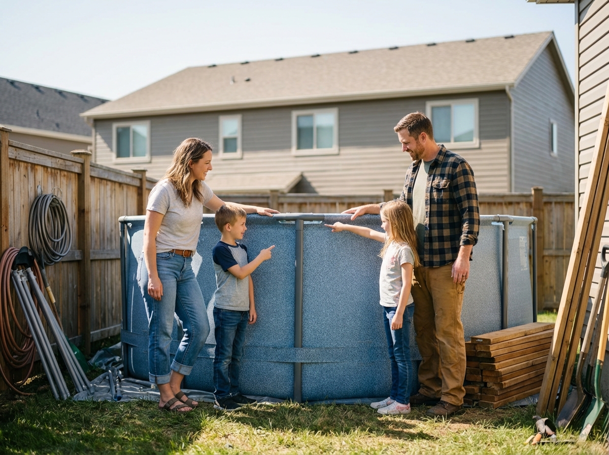 Famille installant une petite piscine dans le jardin