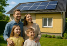 Famille moderne devant leur maison avec panneaux solaires et isolation