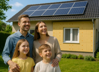 Famille moderne devant leur maison avec panneaux solaires et isolation
