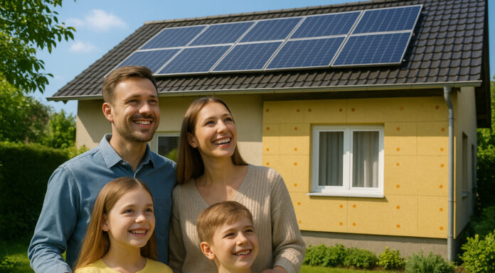 Famille moderne devant leur maison avec panneaux solaires et isolation