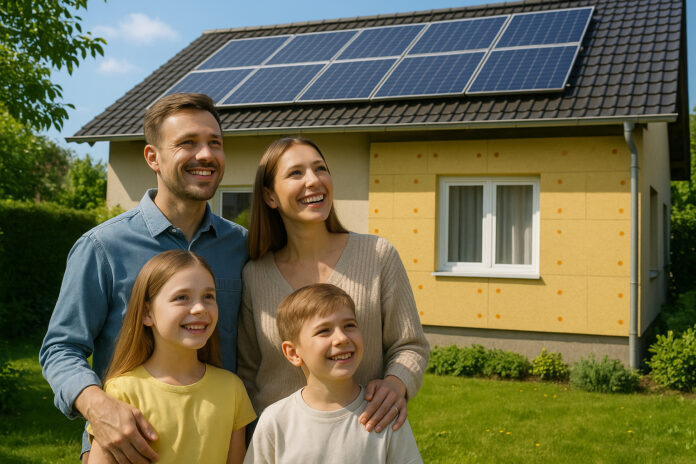 famille-panneaux-solaires-isolation Famille moderne devant leur maison avec panneaux solaires et isolation