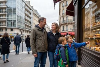 Famille parisienne devant une rue animée de Paris