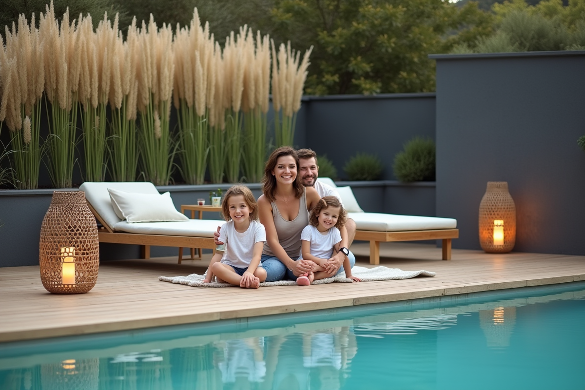 Famille relaxant sur terrasse en bois avec mobilier élégant autour de la piscine turquoise