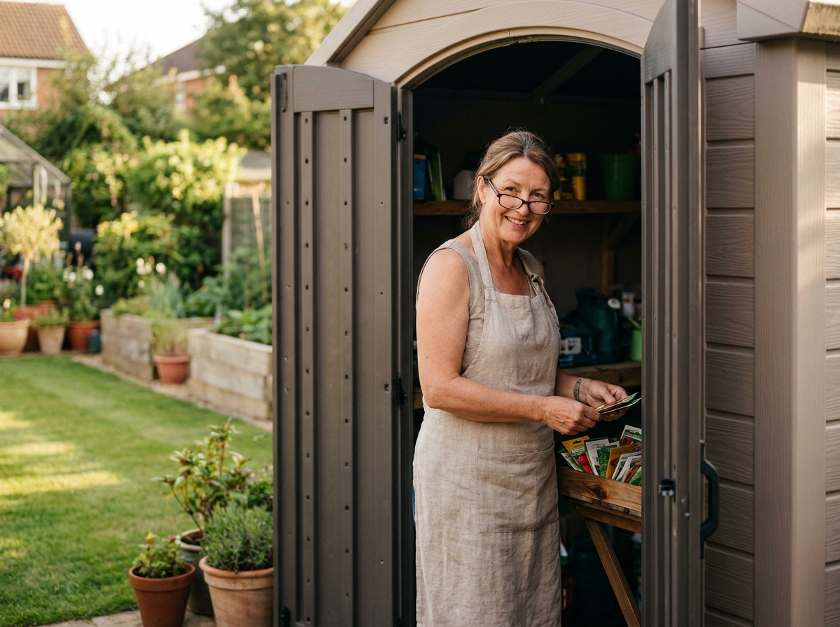 Femme rangeant ses outils dans un abri de jardin en résine PVC dans un jardin soigné