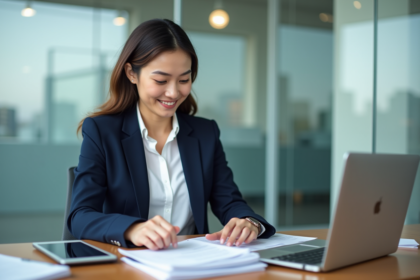 Femme d'affaires en blazer bleu examine documents de location