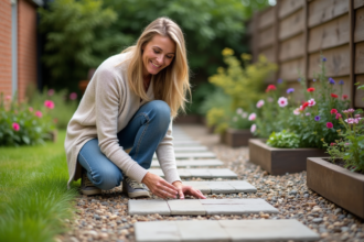 Femme arrangeant des pavés recyclés dans un jardin