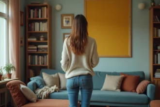 Jeune femme dans son salon avec décoration désordonnée et couleurs vives