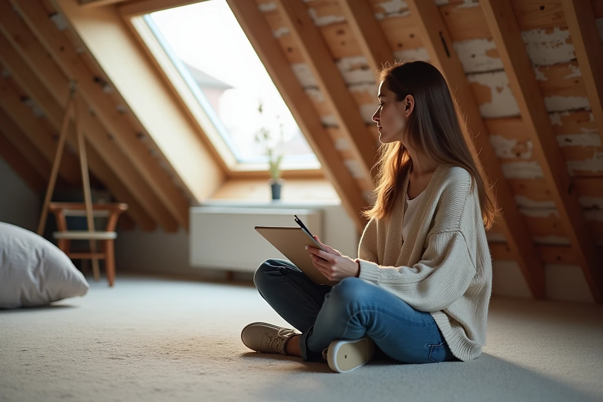 Jeune femme dans un loft aménagé regardant par une fenêtre de toit