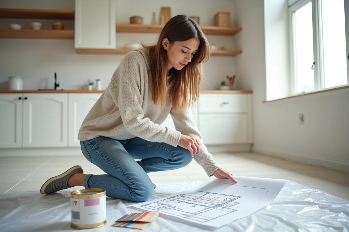 Jeune femme examinant un plan de sol dans une cuisine neuve