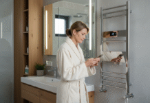 Femme en peignoir vérifiant son smartphone dans une salle de bain moderne