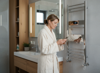 L’impact des sèches serviettes connectés sur la consommation énergétique Femme en peignoir vérifiant son smartphone dans une salle de bain moderne
