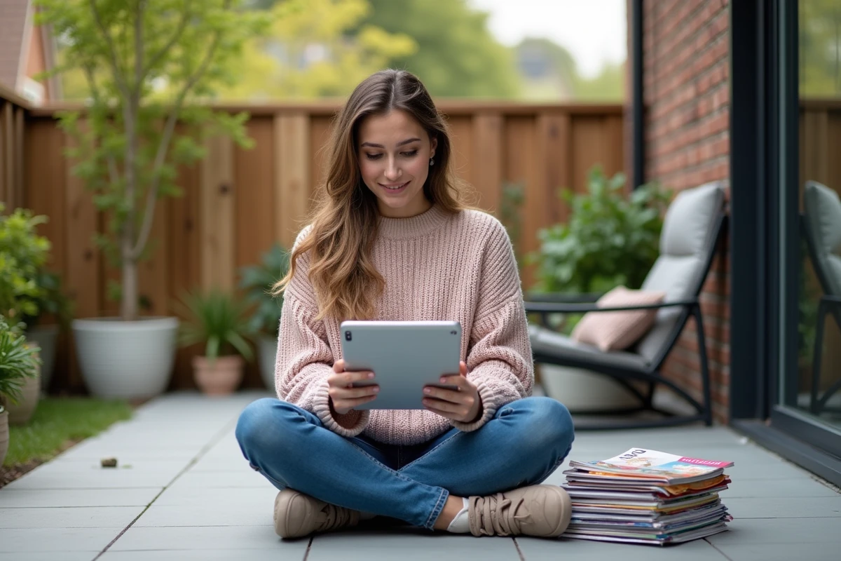 Jeune femme lisant magazine diy sur tablette en extérieur