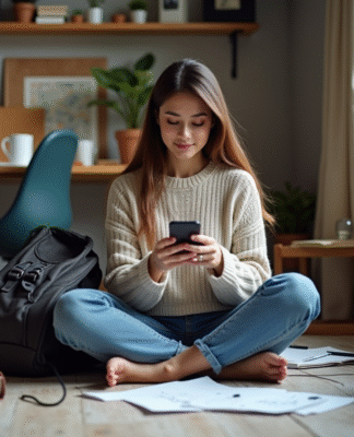 Femme assise sur le sol dans un bureau chaotique