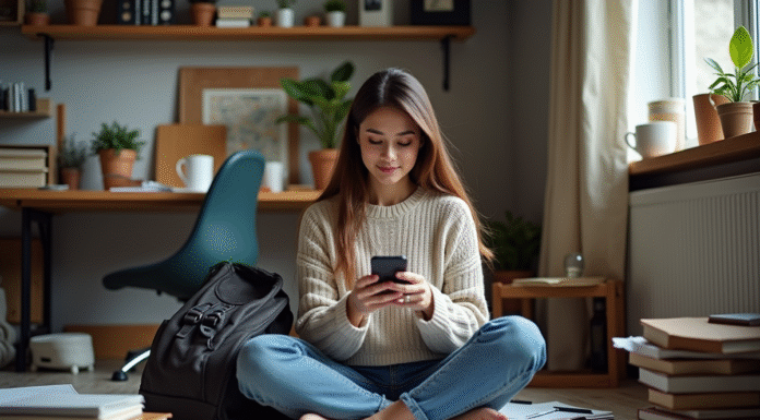 Femme assise sur le sol dans un bureau chaotique