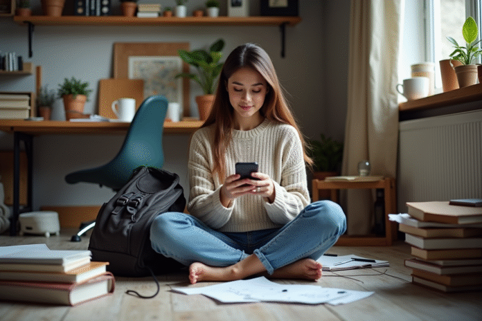 Femme assise sur le sol dans un bureau chaotique