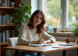 Noémie Femme écrivant dans un bureau à domicile chaleureusement décoré