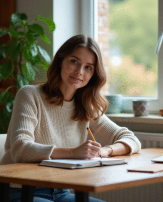 Femme écrivant dans un bureau à domicile chaleureusement décoré