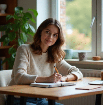 Noémie Femme écrivant dans un bureau à domicile chaleureusement décoré