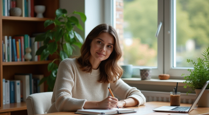 Femme écrivant dans un bureau à domicile chaleureusement décoré