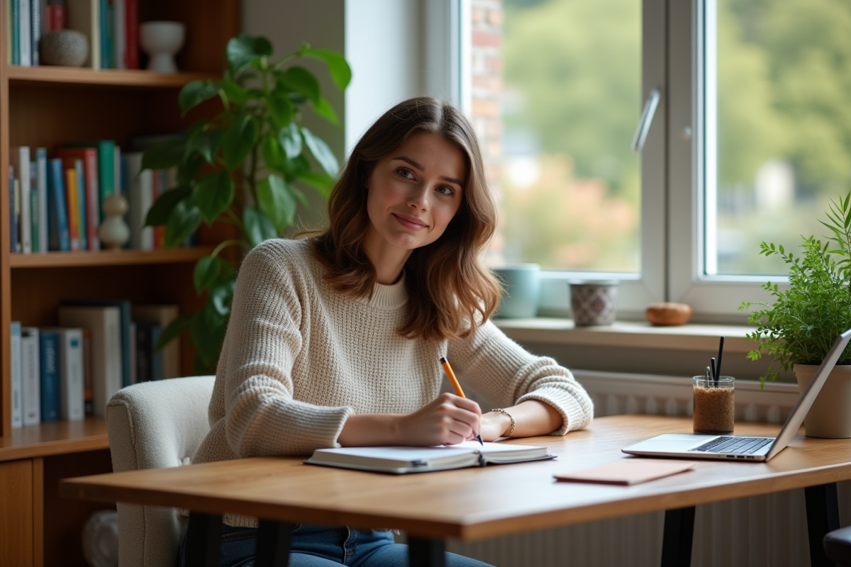 Femme écrivant dans un bureau à domicile chaleureusement décoré